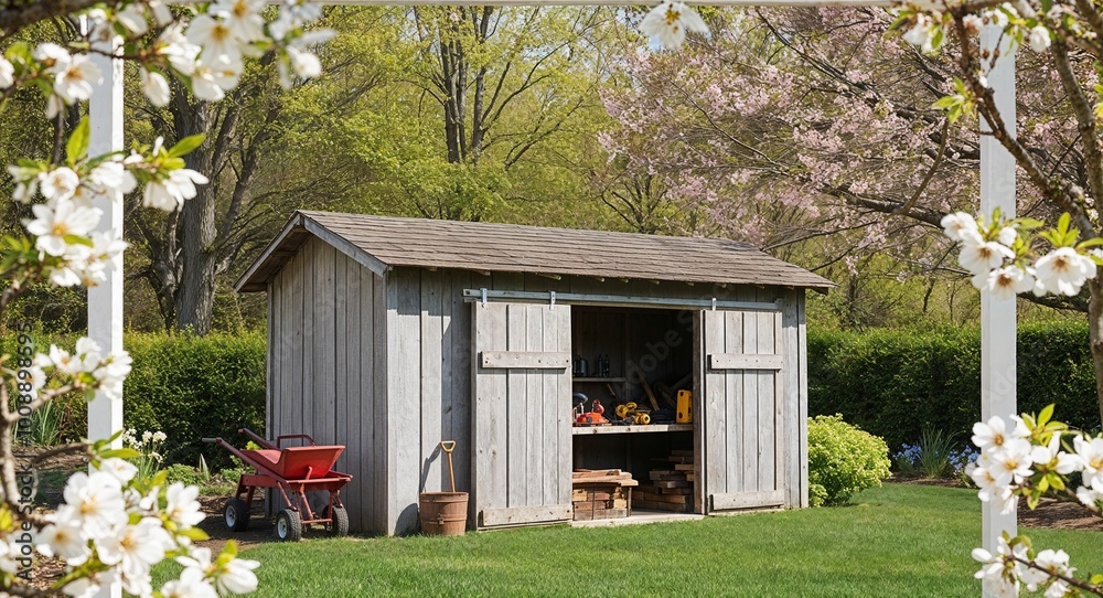 Rustic toolshed framed by fresh blossoms in a spring garden Rustic toolshed framed by fresh blossoms in a spring garden