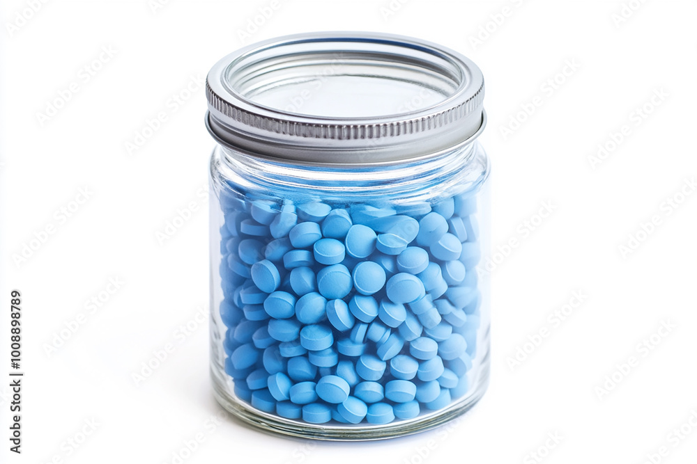 Blue pills in a glass jar, isolated on a white background Blue pills in a glass jar, isolated on a white background