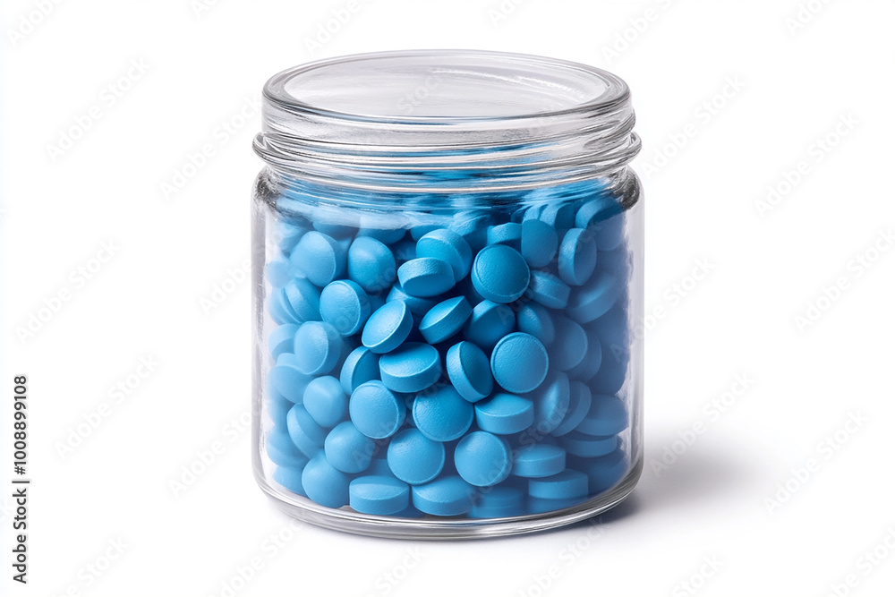Blue pills in a glass jar, isolated on a white background Blue pills in a glass jar, isolated on a white background