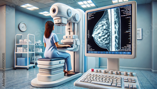 Mammogram being performed on patient to detect signs of breast cancer. breast tissue on mammogram screen, potential calcifications, masses, abnormal structures. Focus on the medical equipment.