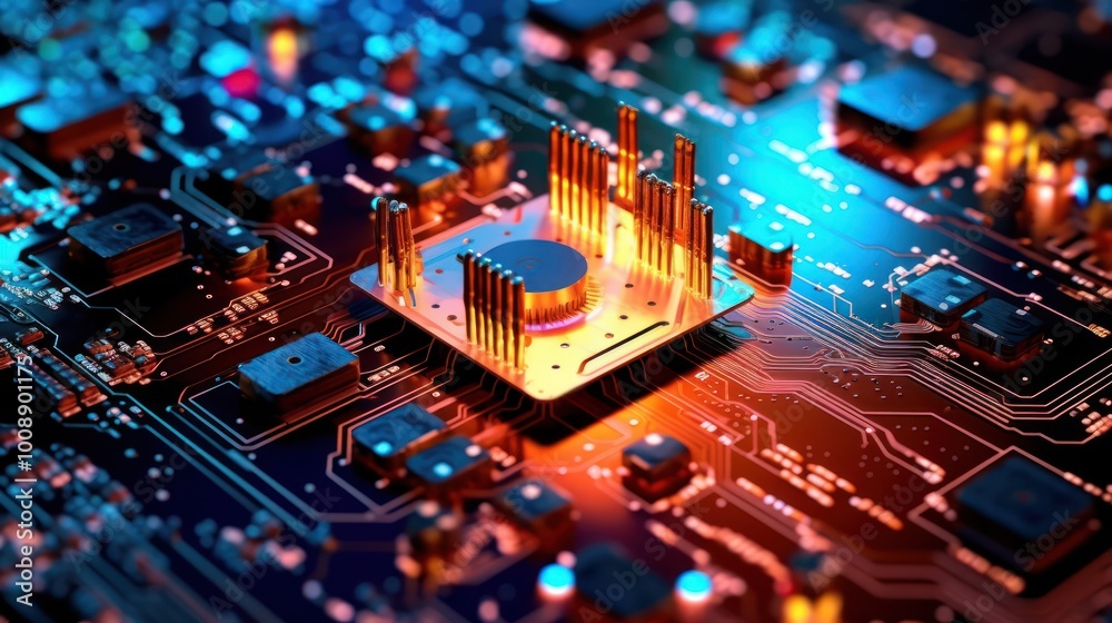 Close-up of a golden CPU chip on a circuit board with red and bl Close-up of a golden CPU chip on a circuit board with red and bl