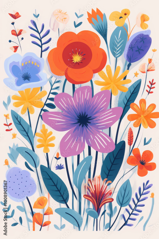 Vibrant Wildflowers in Bloom with Flat Design Elements Vibrant Wildflowers in Bloom with Flat Design Elements