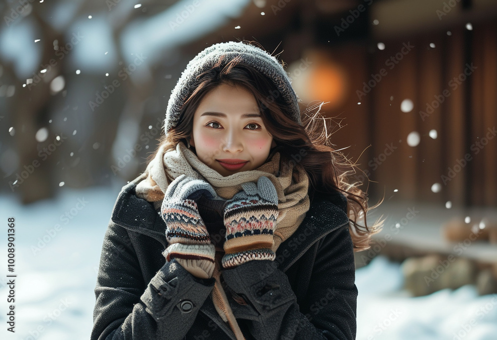 A korean woman wearing a brown coat and scarf is smiling in the snow. She is wearing gloves and a scarf to keep warm