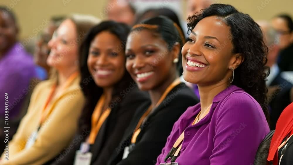 Professional group of diverse women smiling at corporate event in professional seminar. Diverse group of women at professional business seminar with focus on African American woman in purple. Professional group of diverse women smiling at corporate event in professional seminar. Diverse group of women at professional business seminar with focus on African American woman in purple.
