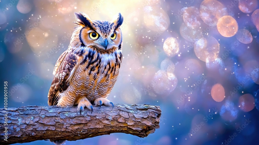A majestic owl perched on a branch, surrounded by a beautiful bokeh background, showcasing its striking features. A majestic owl perched on a branch, surrounded by a beautiful bokeh background, showcasing its striking features.