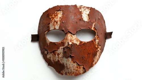 Close-up image of a heavily corroded metal mask showing detailed rust textures, suggesting themes of time passage and the beauty of decay. photo