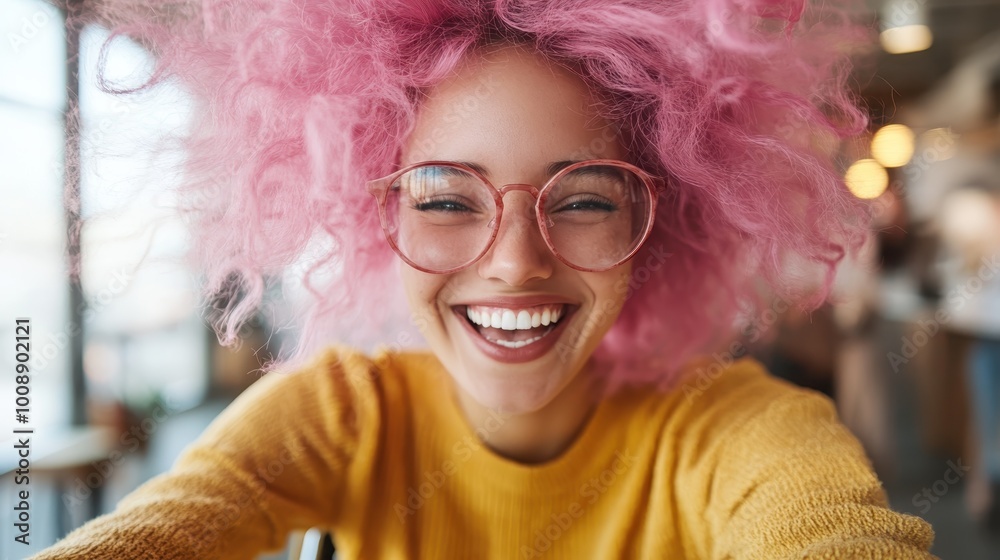 A cheerful woman with bright pink hair and large glasses smiles warmly at the camera, exuding happiness and confidence in a modern, urban setting. A cheerful woman with bright pink hair and large glasses smiles warmly at the camera, exuding happiness and confidence in a modern, urban setting.