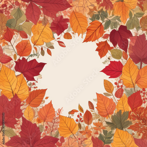 Autumn leaves are framed by warm flowers with space for copying