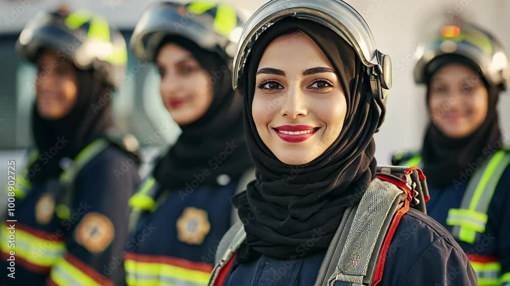 A female firefighter wearing a hijab smiles at the camera while standing with her team in the daylight A female firefighter wearing a hijab smiles at the camera while standing with her team in the daylight