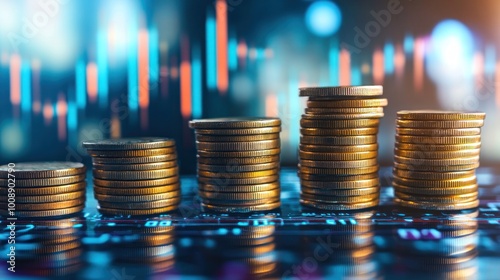 Stacked coins on a digital background, illustrating financial growth and investment.