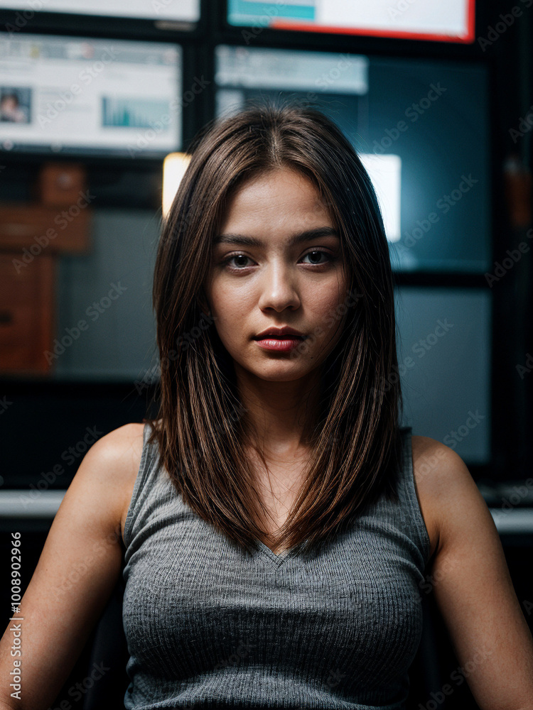 Cutting-edge portrait of brilliant female data scientist analyzing complex information, driving business insights. Cutting-edge portrait of brilliant female data scientist analyzing complex information, driving business insights.
