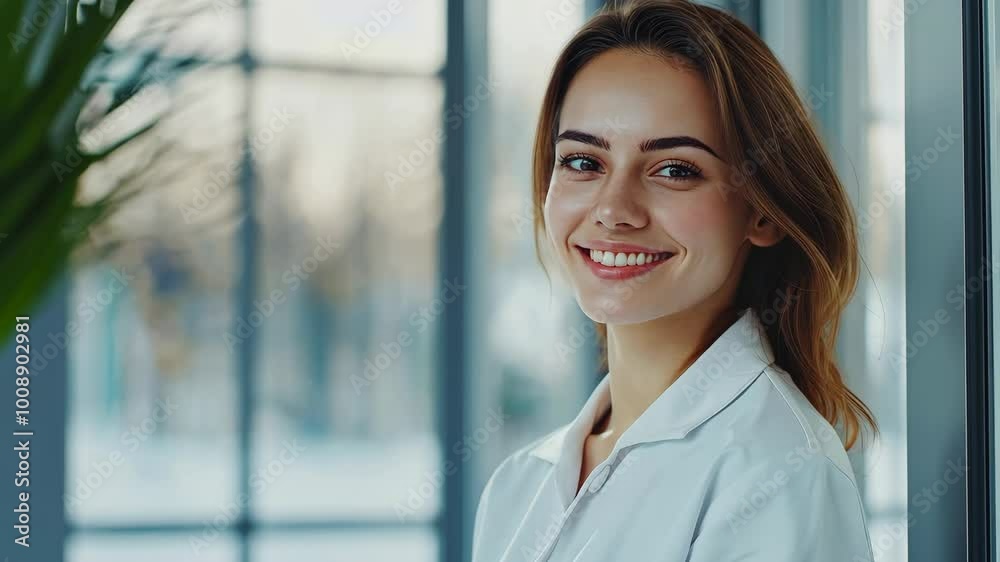 A young woman smiles brightly, standing near a window in a modern office A young woman smiles brightly, standing near a window in a modern office