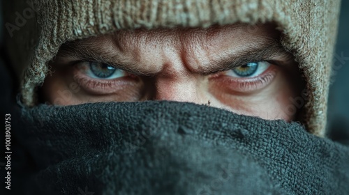 A captivating close-up of a hooded figure with piercing eyes peering intently, creating a dramatic and intense visual, highlighting themes of mystery and depth. photo