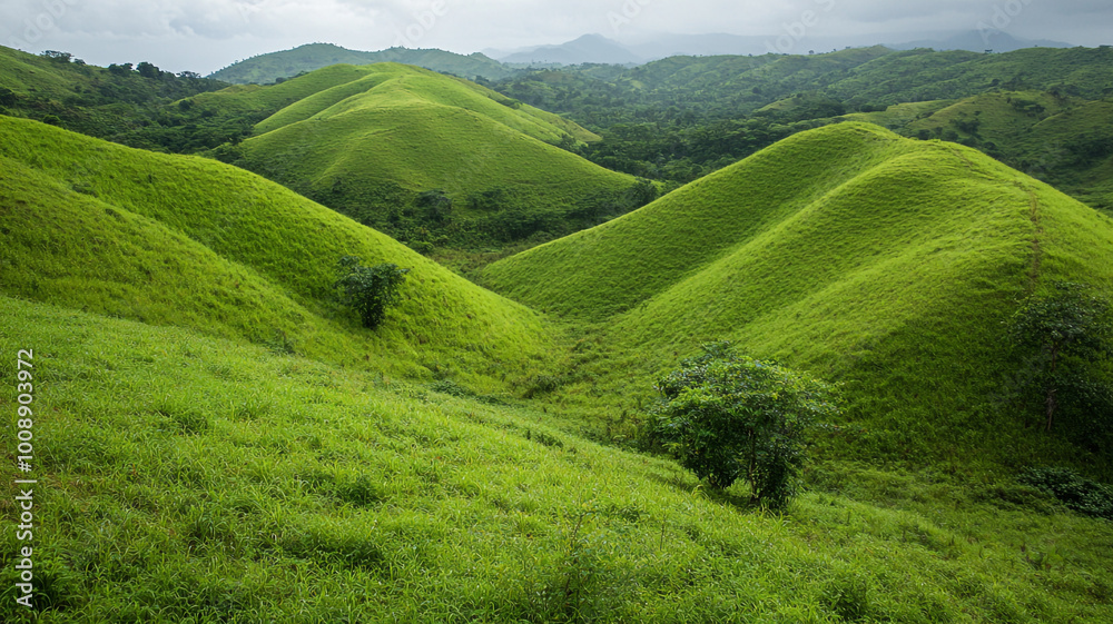 Fototapeta premium Lush green hills under cloudy skies in a serene landscape during the daytime