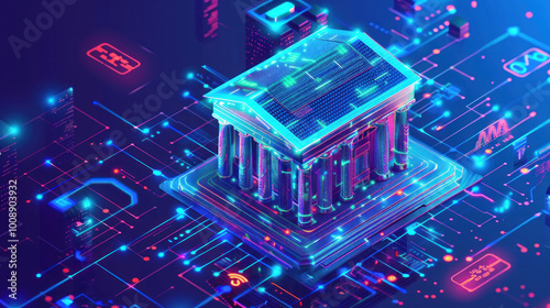 A high-tech banking system using AI, blockchain, and biometric security to enhance customer experience and safeguard transactions.