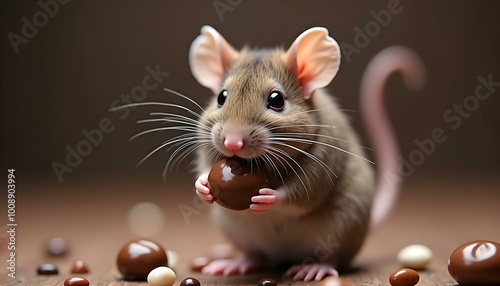 A brown mouse enjoys a chocolate candy while surrounded by various sweets