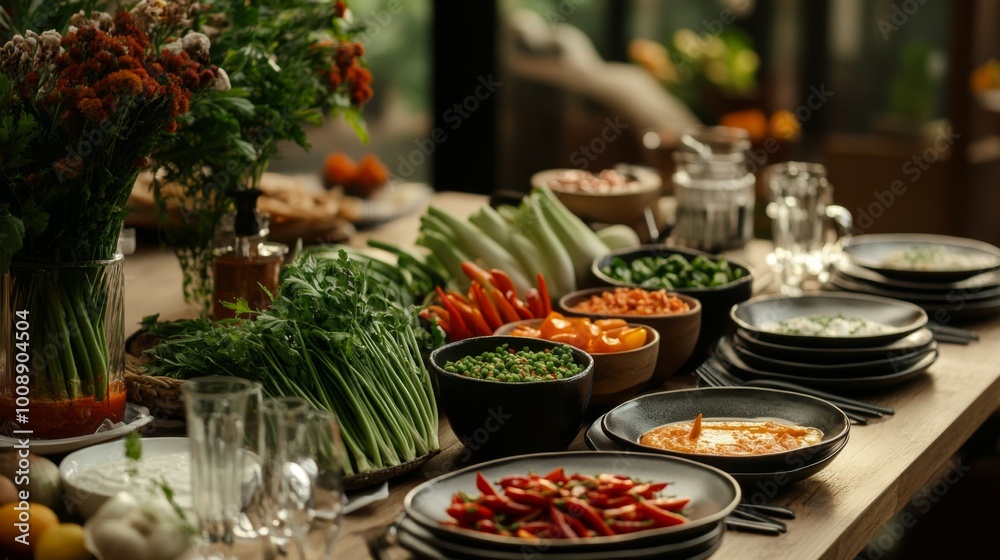Vibrant Table Setting with Fresh Ingredients and Dishes Vibrant Table Setting with Fresh Ingredients and Dishes