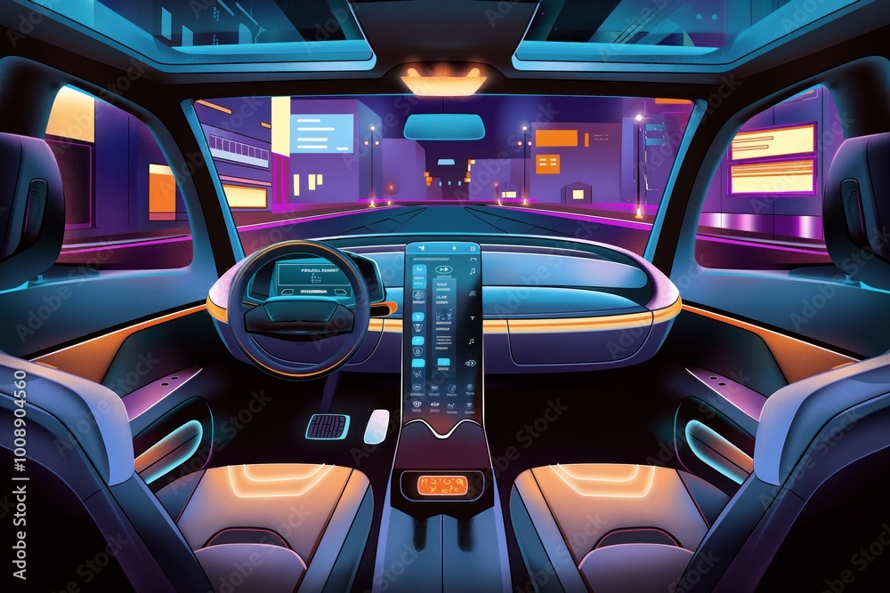 Futuristic electric car interior with autonomous driving features. Woman sits comfortably in driver seat, surrounded by high-tech screens, controls. Sleek, modern design emphasizes safety,