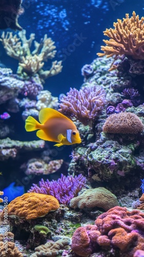 A vibrant underwater scene featuring colorful coral and a yellow fish swimming.