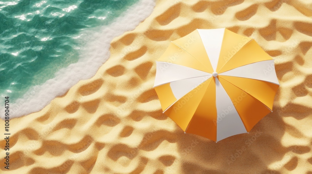 Naklejka premium Relaxing Beach Scene Beachgoers Lounge Under a Large Umbrella on Warm Golden Sand, Enjoying Tranquility and Summer Vibes