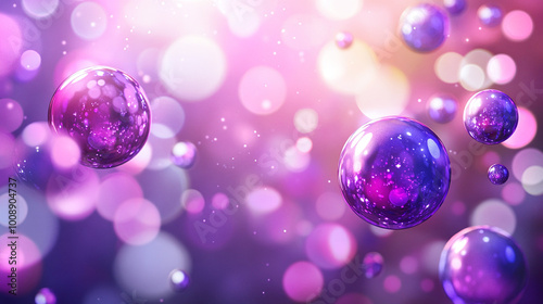 Abstract background with flying balloons in purple colors on blurred purple background