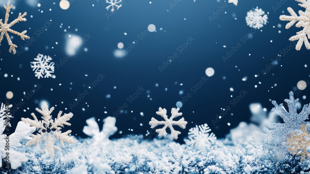 A serene winter scene featuring falling snowflakes against deep blue background, creating magical and festive atmosphere. delicate snowflakes add touch of elegance to snowy landscape A serene winter scene featuring falling snowflakes against deep blue background, creating magical and festive atmosphere. delicate snowflakes add touch of elegance to snowy landscape