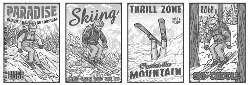 Set of four colorful vintage posters with skiers enjoying wintertime activities on mountain slopes, perfect for promoting winter sports and tourism