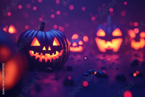 Halloween holiday concept. Pumpkin with a scary face carved out. Halloween pumpkin head jack-o-lantern purple. 3D rendering.
