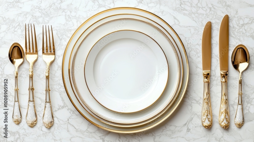 Elegant dining set with golden edges on marble surface, featuring plates, forks, knives, and spoons. Elegant dining set with golden edges on marble surface, featuring plates, forks, knives, and spoons.