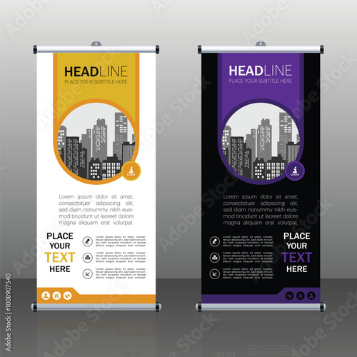 Roll up banner design template, vertical, modern x-banner, rectangle size. abstract background pull up design