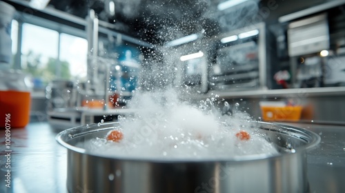 A dynamic shot of boiling water splashing energetically in a modern kitchen, with steam rising and the vibrant environment adding a sense of excitement. Techniques explored. photo