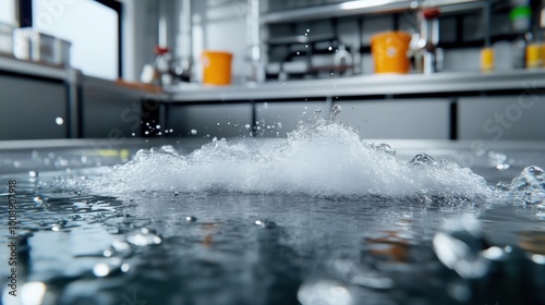 Bubbles erupt dramatically in a modern culinary setting, showcasing a scientific experiment or cooking process with excitement and innovation in a sleek lab environment. photo