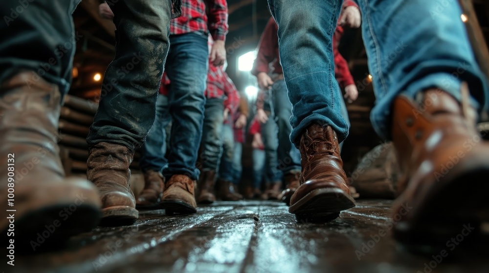 A row of cowboy boots strides along a wooden floor, likely within a barn, symbolizing the synergy of rural life and the enduring spirit of the frontier lifestyle. A row of cowboy boots strides along a wooden floor, likely within a barn, symbolizing the synergy of rural life and the enduring spirit of the frontier lifestyle.