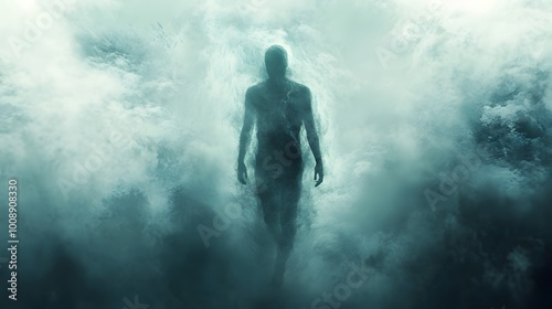 Ethereal figure emerging from mist, symbolizing introspection.