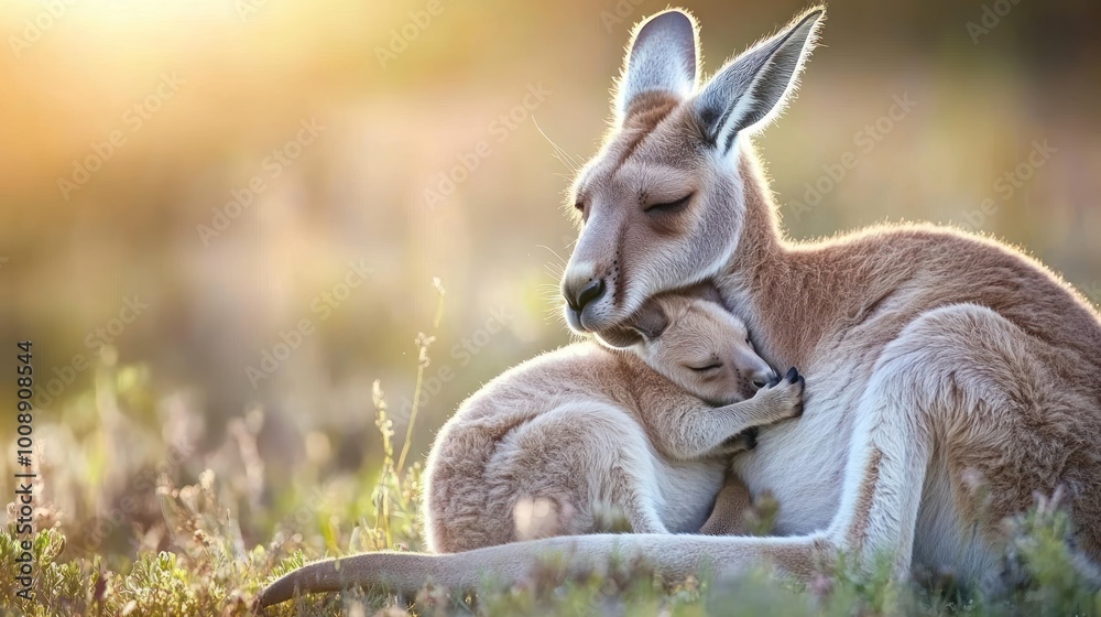 A kangaroo and its joey cuddle in a serene, sunlit landscape. A kangaroo and its joey cuddle in a serene, sunlit landscape.