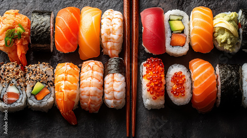 Sushi set on a black background. Sushi rolls with salmon, tuna, shrimp, caviar, wasabi and ginger. Japanese food.