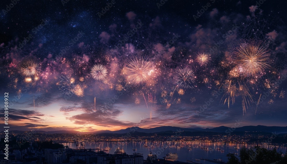 A stunning display of fireworks erupting over a city skyline at night, with the Milky Way visible in the background. A stunning display of fireworks erupting over a city skyline at night, with the Milky Way visible in the background.