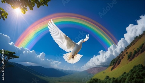 White Dove: Holy Spirit. Dove Soaring Above a Rainbow. photo