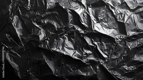 Black Crumpled Plastic Bag Texture, Dark Background 