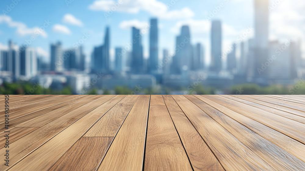 Wooden podium made of light planks on blurred city background on sunny day Wooden podium made of light planks on blurred city background on sunny day