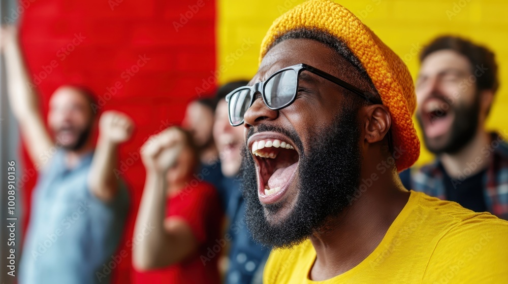 Fototapeta premium Amidst a cheering crowd, individuals in bright yellow attire and headwear express exuberance and unity, energized by the colorful setting of their surroundings.