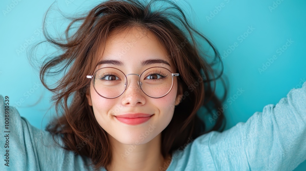 A beaming young woman lies comfortably with glasses and loose hair, against a blue backdrop, encapsulating a carefree and joyful essence of modern youth. A beaming young woman lies comfortably with glasses and loose hair, against a blue backdrop, encapsulating a carefree and joyful essence of modern youth.