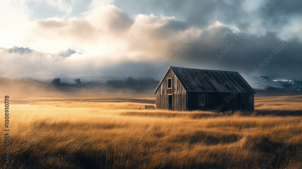 Solitary Cabin in a Field with Mountain Peaks and Dramatic Clouds Solitary Cabin in a Field with Mountain Peaks and Dramatic Clouds