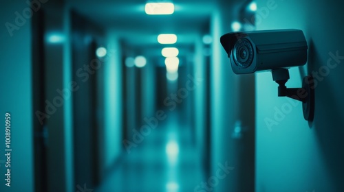 Security Camera in Dimly Lit Hotel Corridor