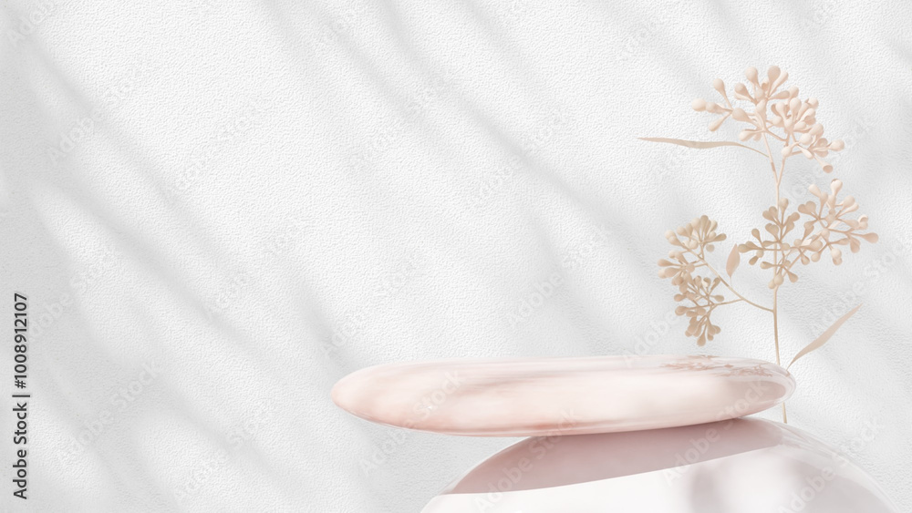 Background featuring an empty product display mockup with a pink backdrop and abstract geometric platforms designed for showcasing merchandise in landscape orientation.