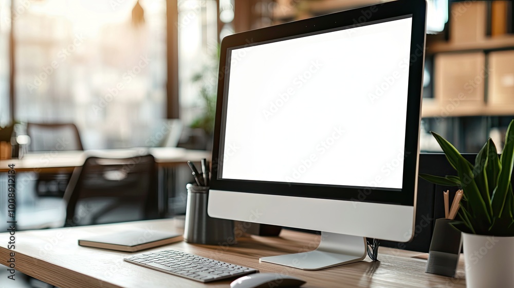 A white computer monitor close up on a table with copy space, a coffee mug, and a pen holder A white computer monitor close up on a table with copy space, a coffee mug, and a pen holder