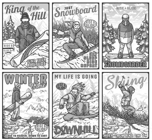 Experience the thrill of winter sports with these vibrant posters showcasing snowboarders and skiers in action on mountain slopes
