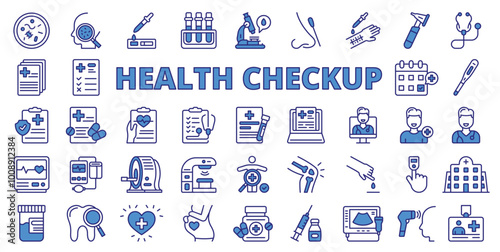 Health checkup, in line design icon set, blue. Medical, doctor visit, health screening, healthcare, patient consultation, medical test on white background vector. Health checkup editable stroke.