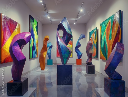 Vibrant art gallery with colorful sculptures and paintings.