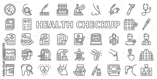 Health checkup, in line design icon set. Medical, doctor visit, health screening, healthcare, patient consultation, medical test on white background vector. Health checkup editable stroke.